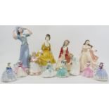 A group of Coalport, Royal Dounton and Dux porcelain figurines. (12 items). Condition report: Mostly