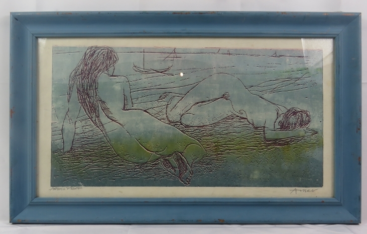 Irving Amen (American, 1918-2011) - 'Two naked females on a beach', pencil signed artist's proof