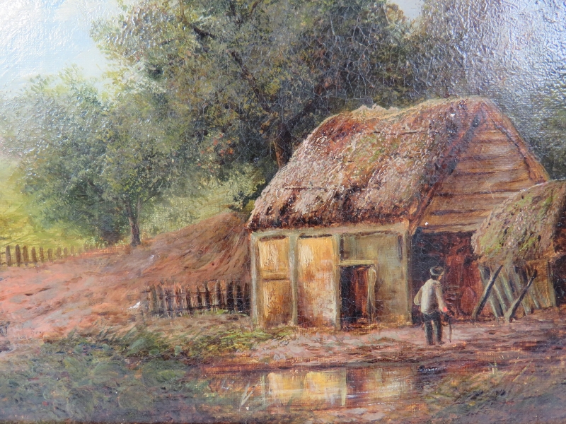 British School (19th century) - 'Country landscape with thatched barn', oil on canvas, 19cm x - Image 2 of 4