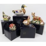 A group of five Royal Crown Derby porcelain paperweight figurines. Comprising a mallard, blue tit,