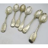 A set of six Victorian silver fiddle pattern dessert spoons, London 1880. Approx weight 9.8 troy