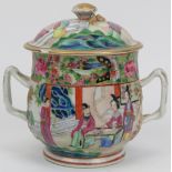 A rare Chinese Export Famille Rose Mandarin twin handled jar and cover, 19th century. 5.3 in (13.5