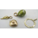 A 10ct yellow gold small heart shaped pendant set with centre pearl, a 9ct gold & enamelled egg