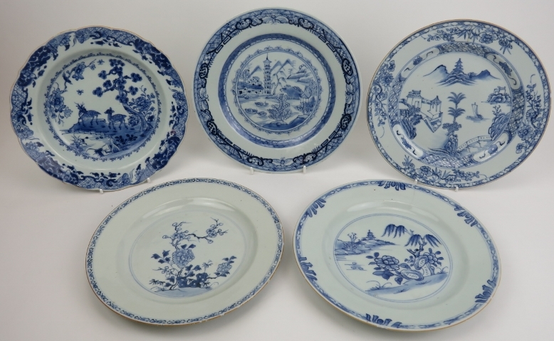 A group of five Chinese blue and white porcelain dishes, 18th century. Decorated in a variety of