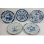 A group of five Chinese blue and white porcelain dishes, 18th century. Decorated in a variety of