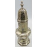A large silver sugar caster, Chester 1932, boxed. Approx 8"/20cm high, approx weight 6.5 troy oz/203