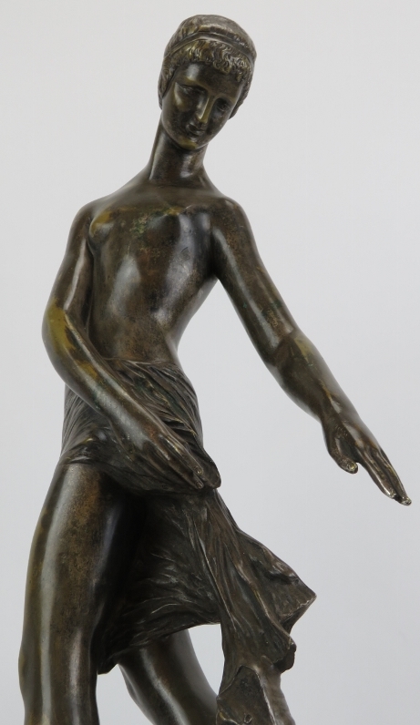 A large Neoclassical bronze and marble sculpture of a Grecian female with ball. The figure cast in - Image 3 of 4