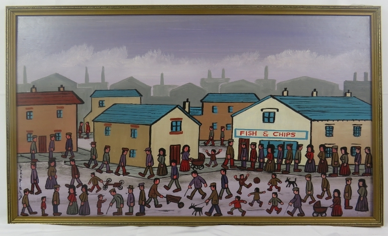 Horsfield (Northern School 20th century) - 'Waiting for the Fish Shop to Open', oil on board, - Image 6 of 12