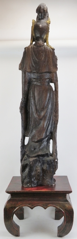 A large European painted cast plaster figure of Guanyin, late 20th century. Supported on a Chinese - Image 2 of 3