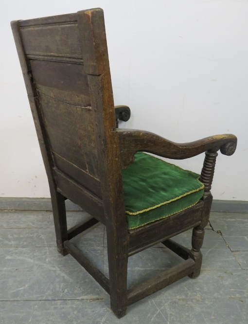 A 17th century oak Wainscot chair with walnut parquetry back panel, joined with scrolled arms to a - Image 4 of 4