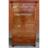 A good Regency Period mahogany chest on chest, the cornice with batwing and parquetry inlay, above