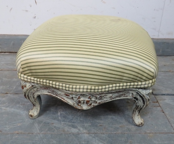 A small Victorian footstool, upholstered in period style striped material, the carved base painted - Image 2 of 3