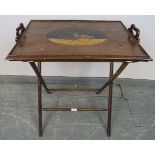 A Georgian walnut marquetry inlaid butler’s tray on stand, one side depicting a hay wagon and