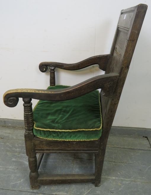A 17th century oak Wainscot chair with walnut parquetry back panel, joined with scrolled arms to a - Image 3 of 4