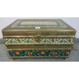 A vintage Indian brass bound camphor wood casket, with polychrome enamel decoration depicting