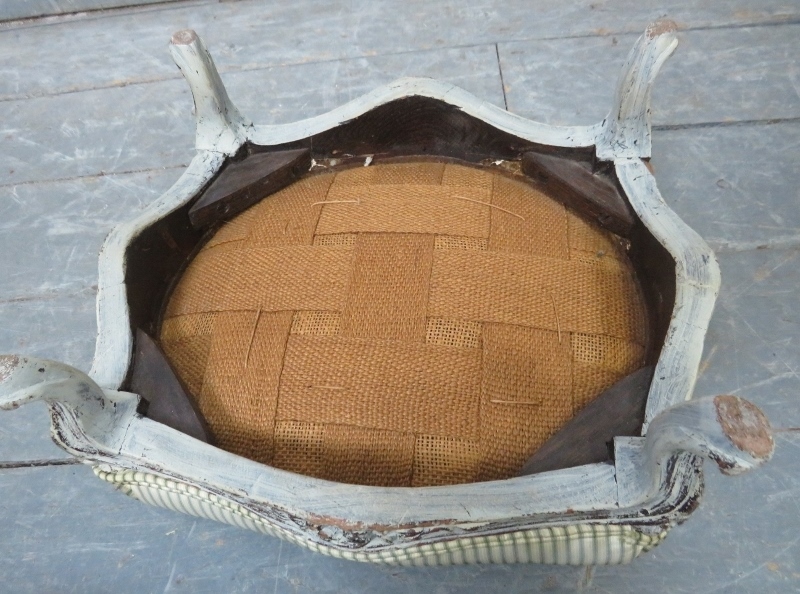 A small Victorian footstool, upholstered in period style striped material, the carved base painted - Image 3 of 3