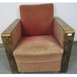 An Art Deco Period oak show-wood armchair, upholstered in faded red velvet material, on block