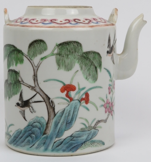 A Chinese famille rose teapot, 19th century. Finely overglaze enamel painted depicting birds amongst - Image 2 of 5