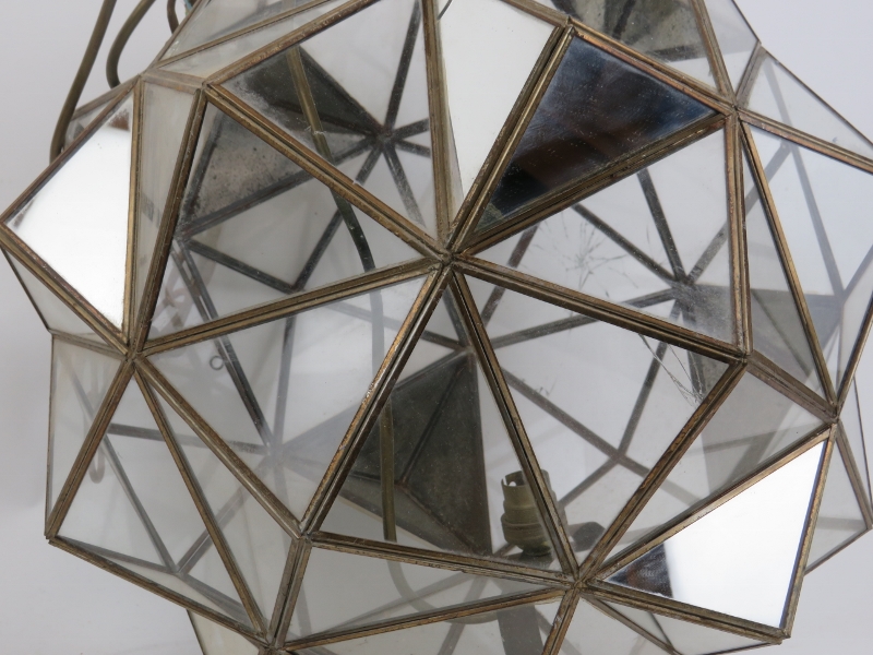 A large multifaceted glass polyhedron ceiling light, 20th century. Composed of clear and mirrored - Image 2 of 4