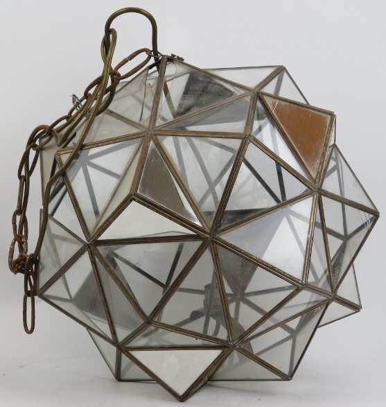 A large multifaceted glass polyhedron ceiling light, 20th century. Composed of clear and mirrored - Image 3 of 4