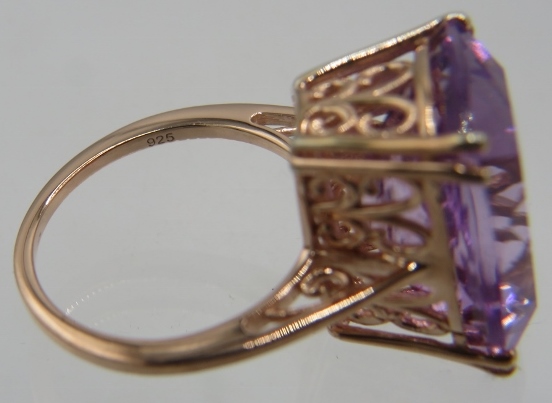 Pink amethyst cushion cut statement ring, size M, 18mm x 13mm high set solitaire of good cut, colour - Image 2 of 2