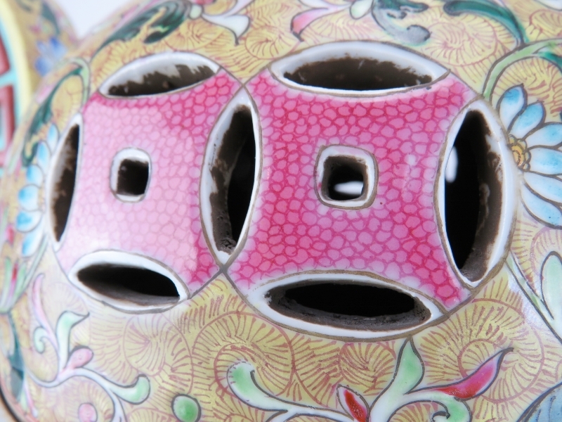 A very large Chinese Famille rose porcelain tripod censor and cover. Of ding form, the pierced domed - Image 3 of 14