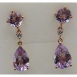Rose de France amethyst earrings, 30mm length, faceted pear & round cut stones of good cut, colour
