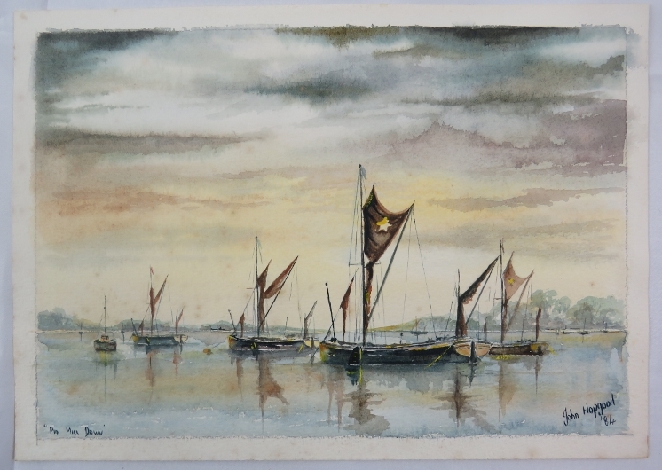 John Hopgood (1984) - 'Pin Mill Dawn', watercolour, signed, dated, titled, 23cm x 33cm, mounted