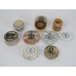 A collection of Victorian pot and printed lids. (9 items) 3.4 in (8.7 cm) largest diameter.