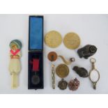 A group of antique and vintage miscellaneous items. Notable items include a carved bone Stanhope,