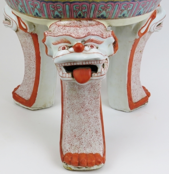 A very large Chinese Famille rose porcelain tripod censor and cover. Of ding form, the pierced domed - Image 9 of 14