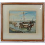 Iranian School (20th century) - 'Moored boats', watercolour, indistinctly signed in Farsi, 22cm x