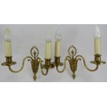A pair of Neo Classical revival cast gilt-metal twin-branch wall lights. 9.1 in (23 cm) height.