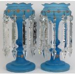 A pair of Victorian frosted blue glass lustres. With clear cut glass drops. (2 items) 12.9 in (32.