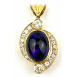 A yellow metal amethyst & diamond pendant, bail marked 18ct. The cabochon cut amethyst approx 18mm x