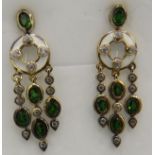 Bezel set Russian diopside earrings, 30mm drop, post back. 14k yellow gold over 925 silver,