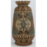 A large Doulton Lambeth Silicon stoneware vase, date 1888. With pierced lattice and gilt highlighted