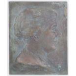 A bronze plaque depicting a portrait of a lady in profile, signed F Lessore and dated 1913.