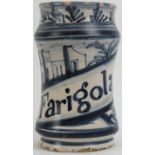 A Spanish blue and white ceramic albarelo pharmacy jar, probably 19th century. Inscribed ‘