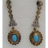 Sleeping Beauty turquoise earrings, 36mm length, post back. 14k yellow gold overlay 925 silver,