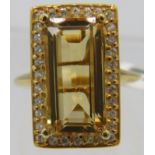 Large citrine elongated octagon cocktail ring, size S/T. 14k yellow gold overlay 925 silver, stamped