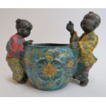 A Chinese cloisonne bowl incorporated with painted figures of a boy and girl, 20th century. 8.66