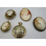 A collection of four various cameos to include lady with pearls in her hair with marcasite