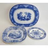 Three English blue and white transfer printed ceramic platters, 19th century. (3 items) 21.1 in (