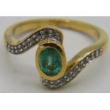 Bezel set emerald solitaire ring, size S. 18k vermeil yellow gold overlay sterling silver, stamped