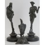 A group of European figural bronze and pewter objects, 19th century. Comprising a bronze figure of