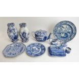 A group of English blue and white transfer printed ceramic wares, 19th century. Comprising a teapot,