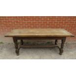 A 19th century elm refectory table, on baluster turned and block supports united by an ‘H’