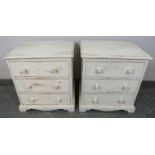 A pair of pine bedside chests, each housing three long drawers with turned wooden handles, painted