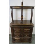 A 17th century William & Mary oak chest with elm press, above three long drawers with geometric